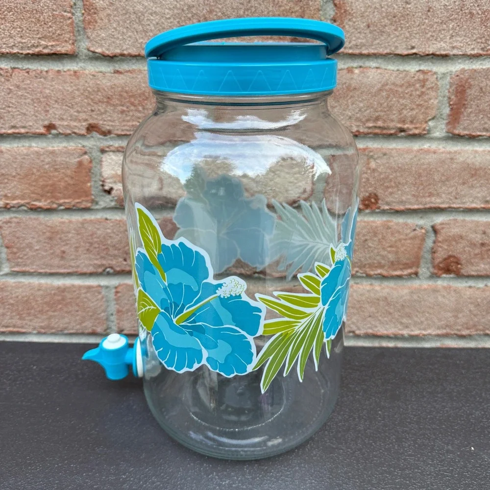 Vintage Blue Hibiscus Glass Sun Tea Jar 1 Gallon Beverage Dispenser Spigot READ